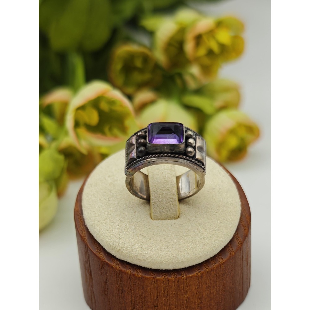 Brutalist Artisan Amethyst Ring Women Size 5.5 Silver Sterling Statement Modern